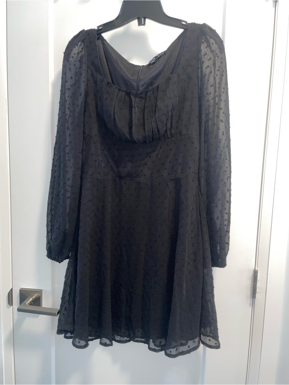 Black Swiss Dot Long Sleeve Mini Dress - Unbranded